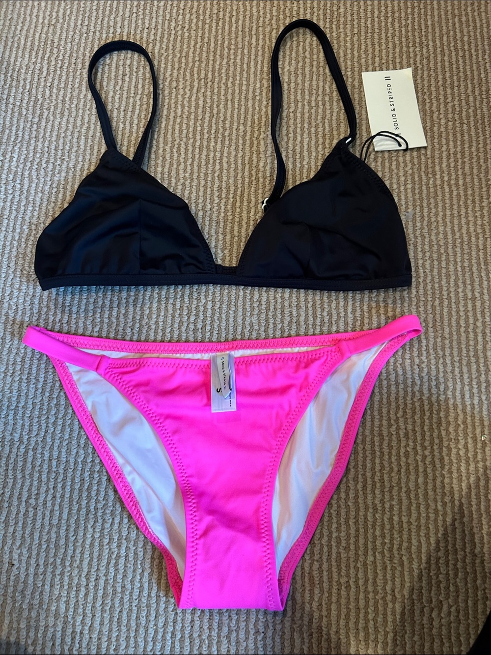 NWT SOLID & STRIPED Black Triangle Bikini Top & Neon Pink Bikini Set size S/L